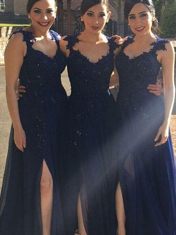 Wholesale A-Line/Princess Sweetheart Sleeveless Floor-Length Lace Chiffon Bridesmaid Dresses